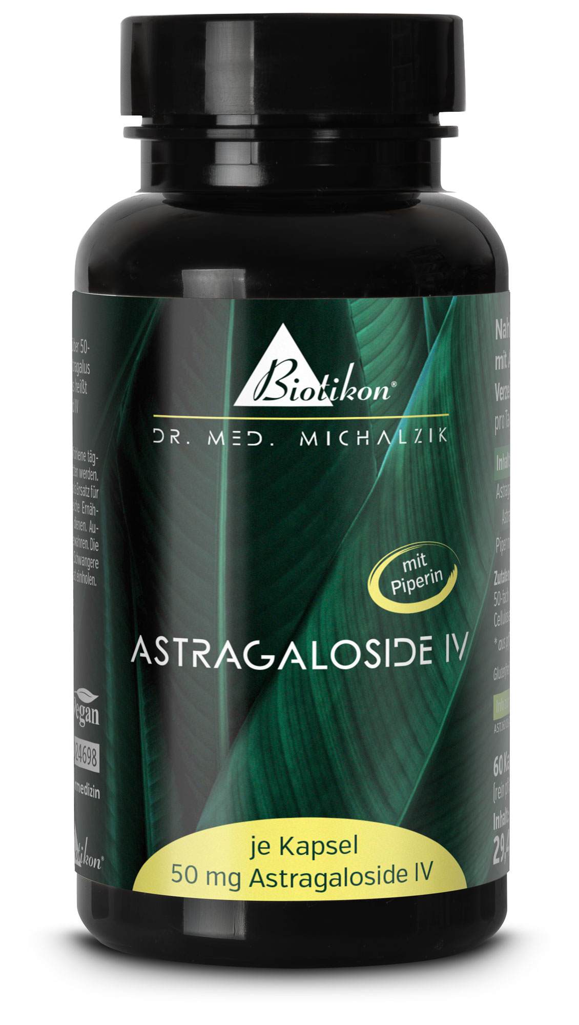 Bottle of Astragaloside IV capsules, beige capsules, 60 pieces, in the foreground.