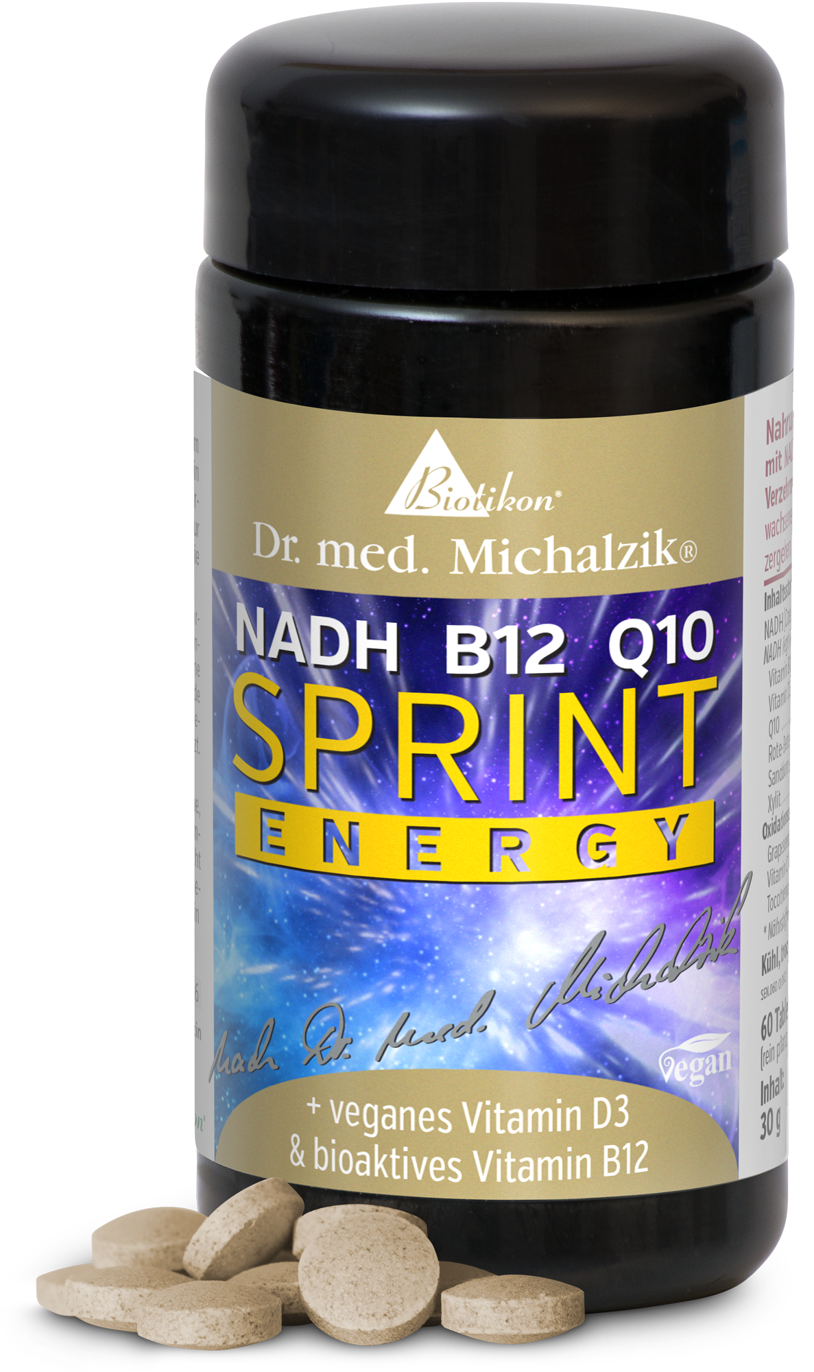 NADH B12 Q10 – Vegan Supplement Tablets NADH B12 Q10 dietary supplement in a black container, 60 tablets, vegan, with some tablets beside the container.