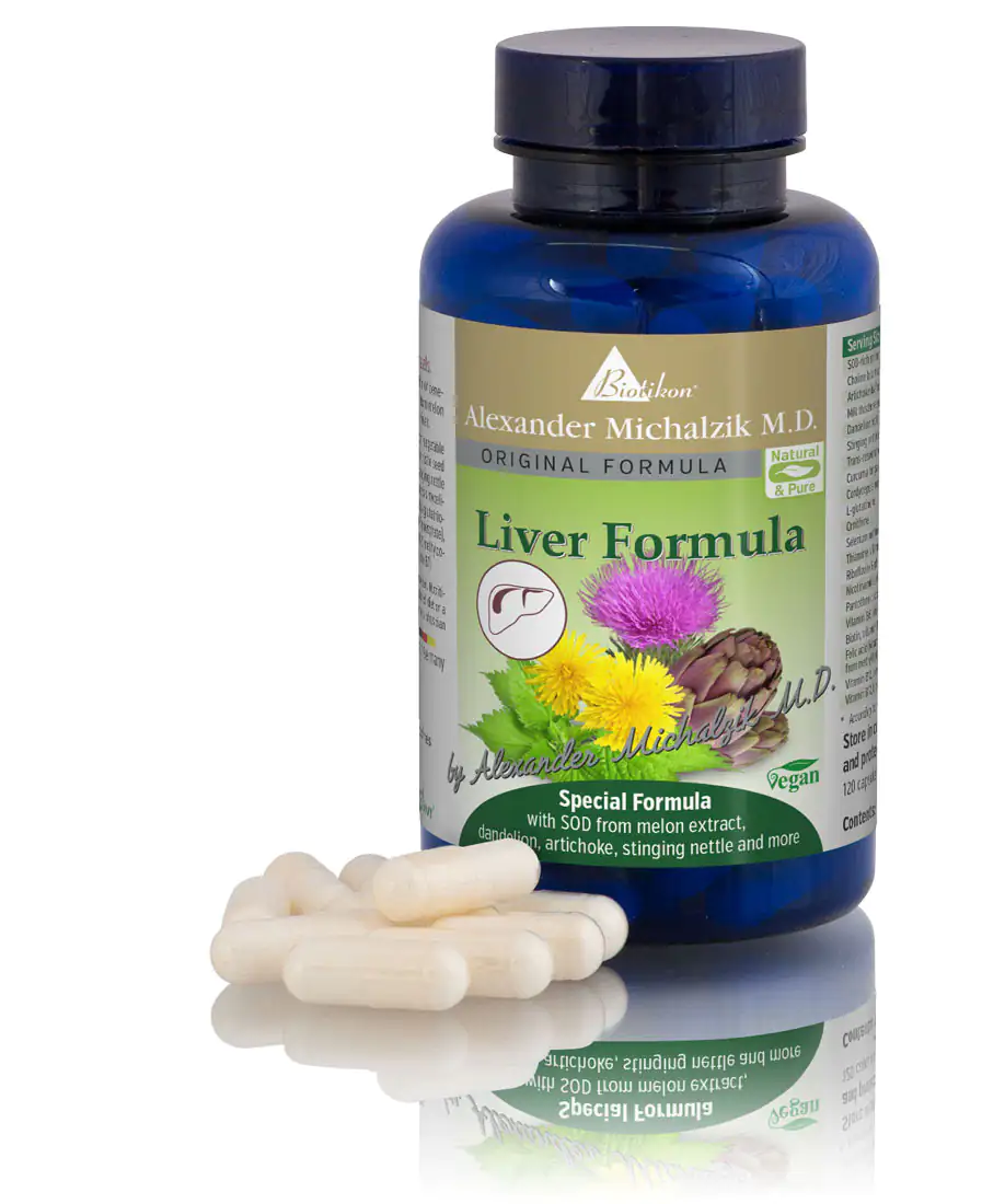 Liver Formula – 120 Capsules Vegan dietary supplement in blue bottle with 120 white capsules, front view.