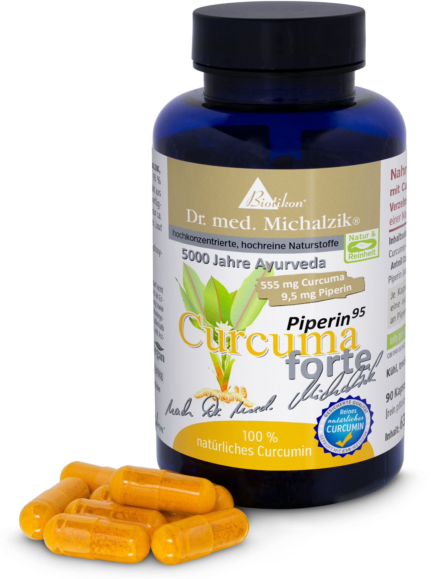 Curcuma Forte 555 mg – Capsules Bottle containing 90 yellow capsules with curcumin and piperine, perspective view.