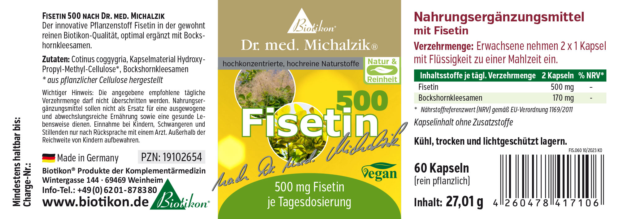 Fisetin 500 mg - Capsules Dietary supplement Fisetin, 60 capsules in plant-based capsules, yellow-green packaging, side view.