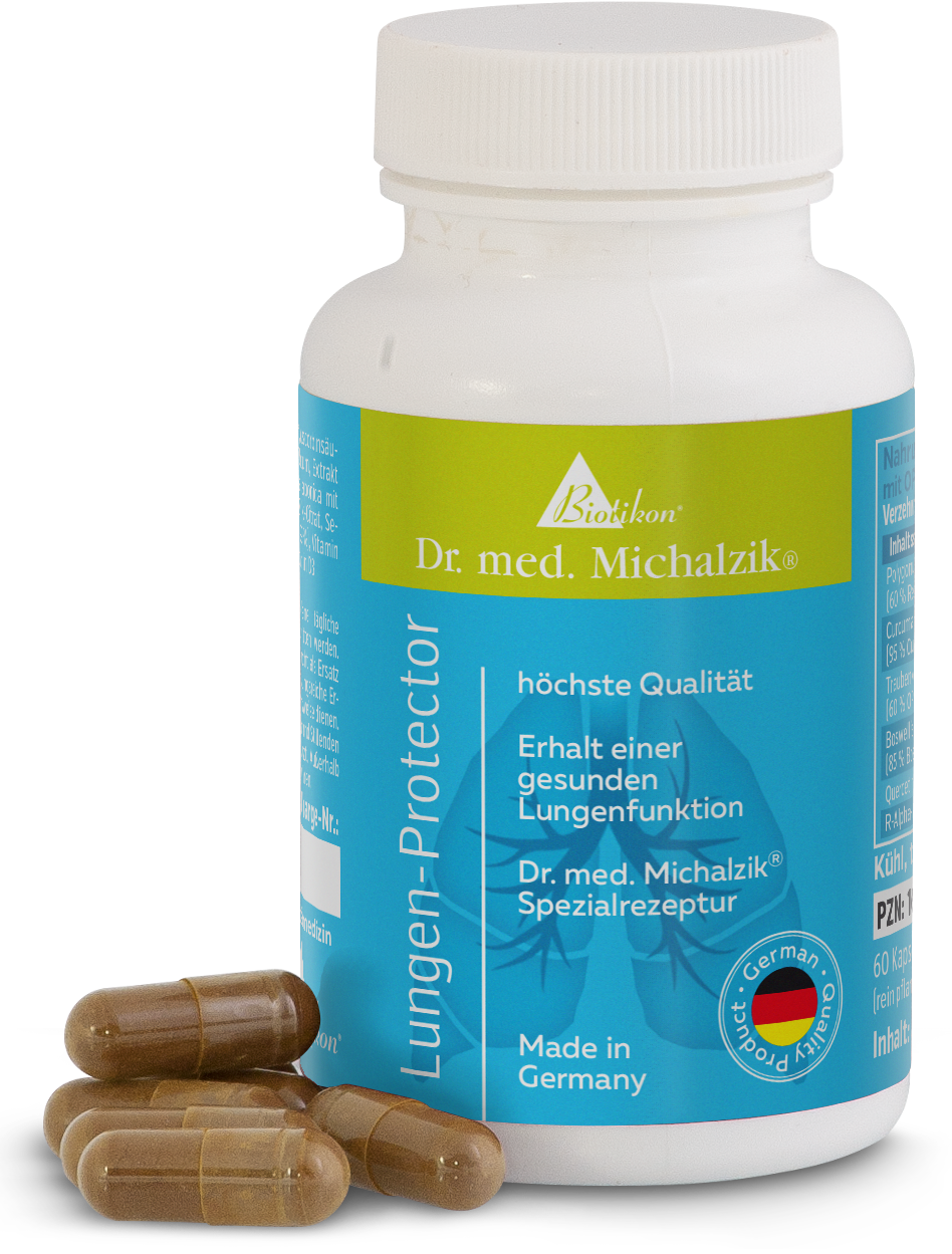 Lung Protector capsules in a white bottle with a blue label, displayed with several capsules.