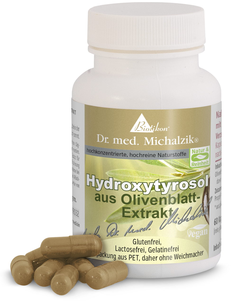 Hydroxytyrosol 60 Capsules – Olive Leaf Extract Bottle with 60 capsules of hydroxytyrosol from olive leaf extract, beige capsules, PET packaging, gluten-free.
