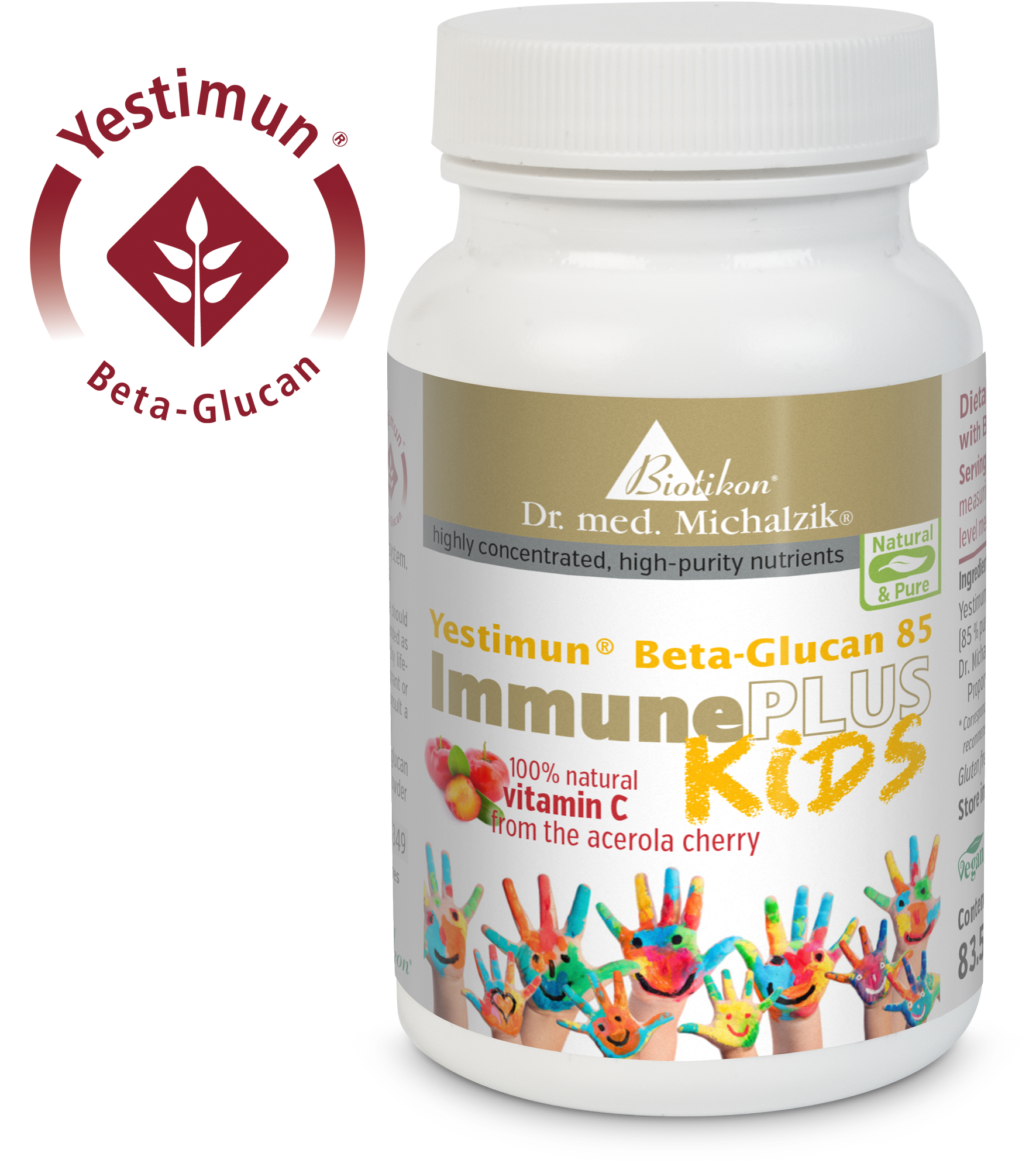 Yestimun Beta-Glucan 85 - Capsules Yestimun Beta-Glucan 85 for kids, 80 capsules in a white bottle, colorful design featuring handprints.