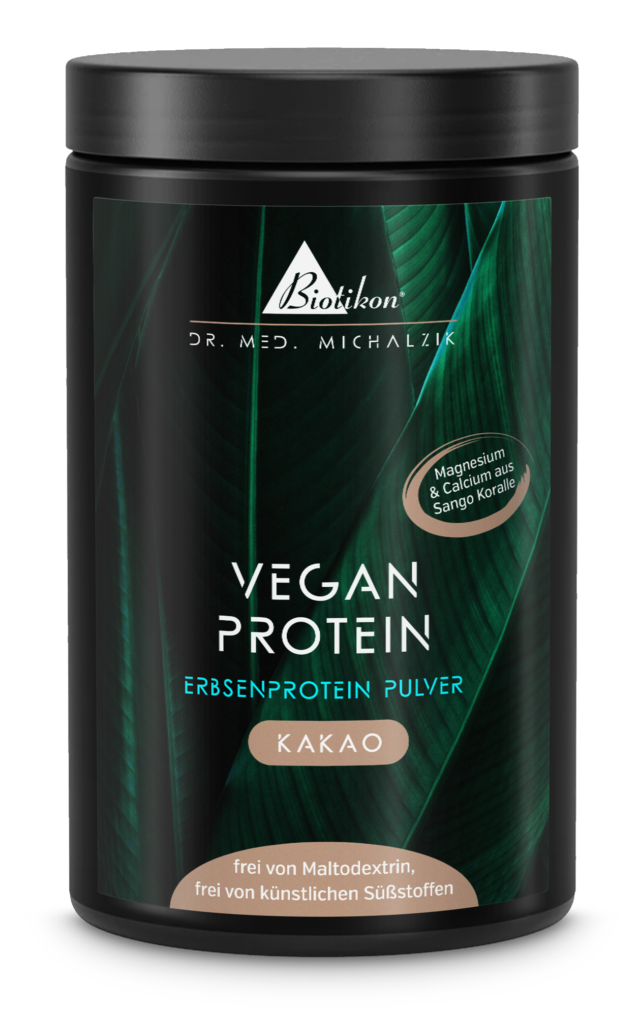 White container with plant protein powder cocoa flavor, 500 g, front view.