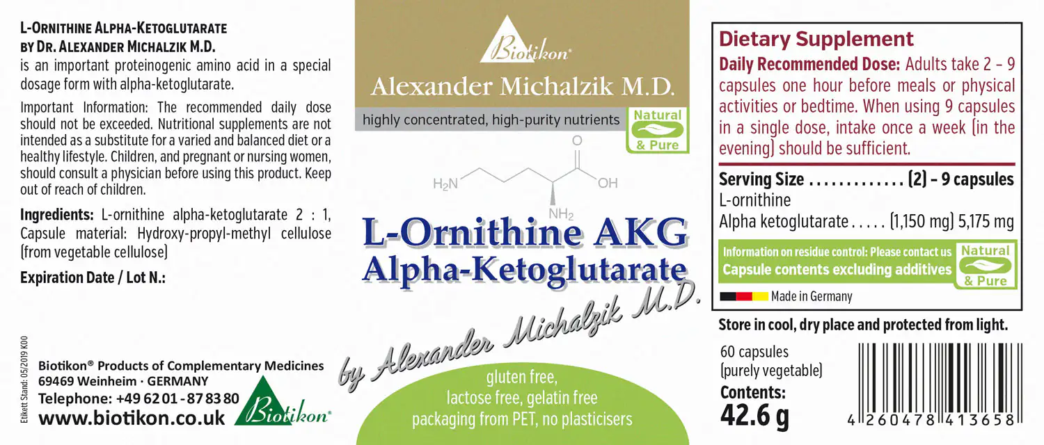 L-Ornithine AKG Alpha-Ketoglutarate – 60 Capsules L-Ornithine Alpha-Ketoglutarate, 60 capsules in a clear package, entirely plant-based, labeled in English.