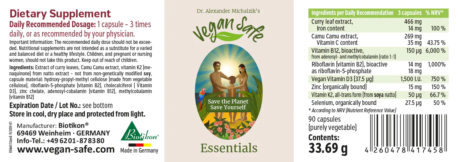 Pack of 90 vegan capsules featuring curry leaf and camu camu extract, vitamin C, B12, K2, and zinc in vibrant green packaging.