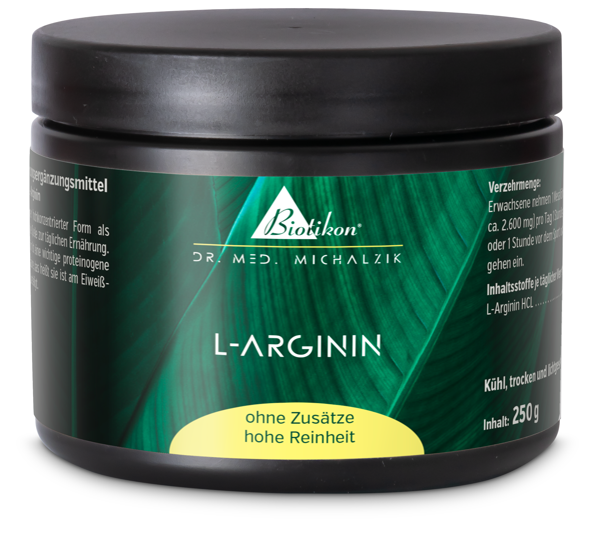L-Arginine 250 g – Powder L-Arginine in powder form, 250 g container, black packaging with green accents, side view.