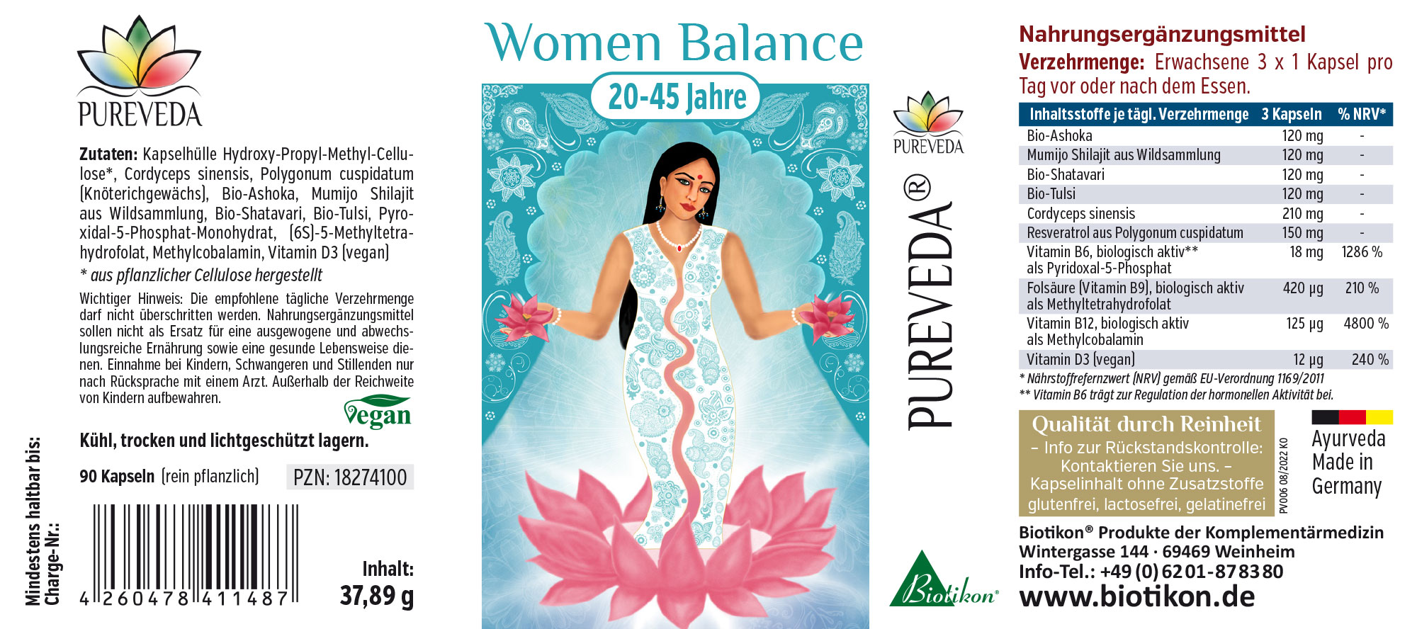 Women's Balance – 90 Capsules Dietary supplements packaged in 90 capsules, featuring colorful illustration and detailed ingredient list.