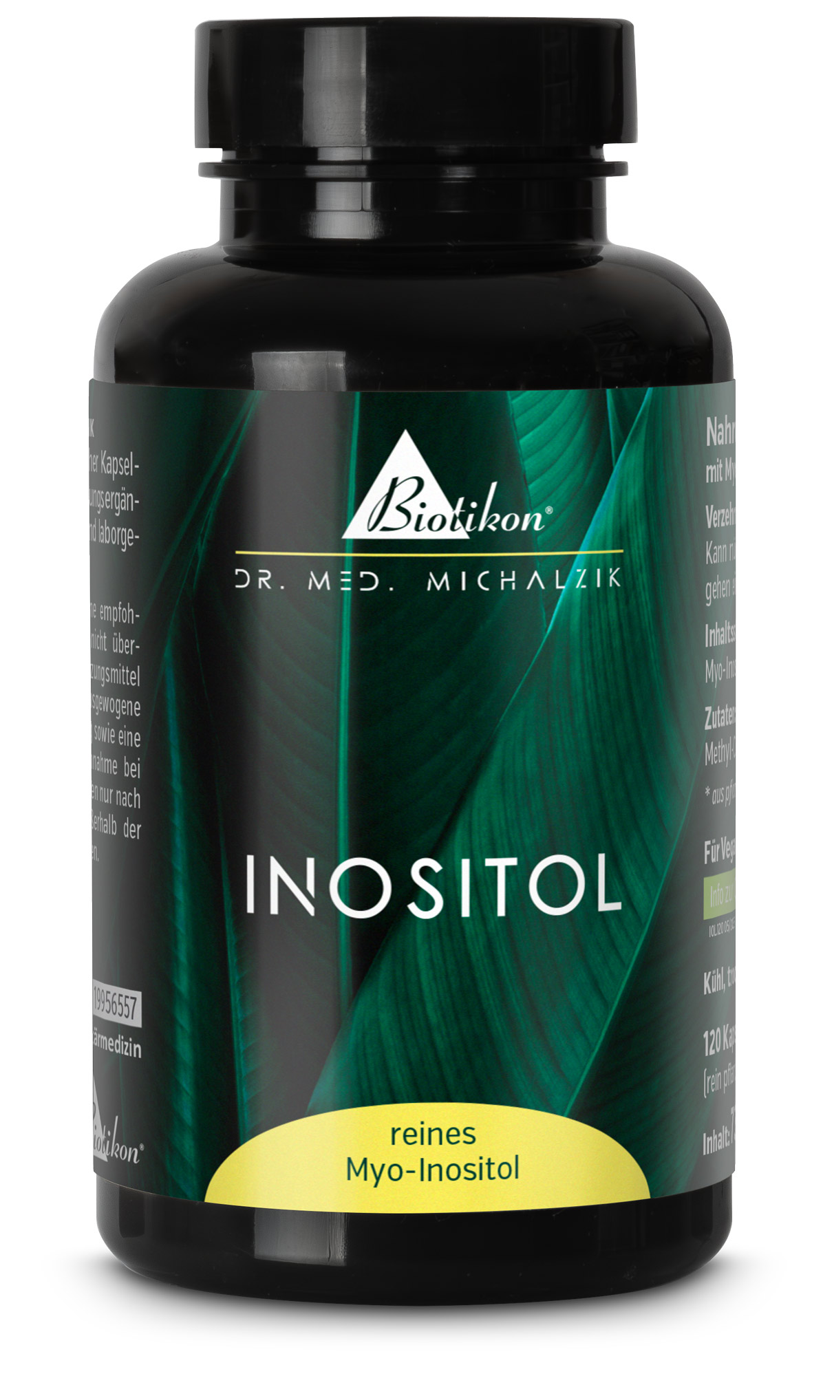 Inositol Capsules 120 – Pure Myo-Inositol Black capsule bottle containing 120 capsules, green and yellow label, front view
