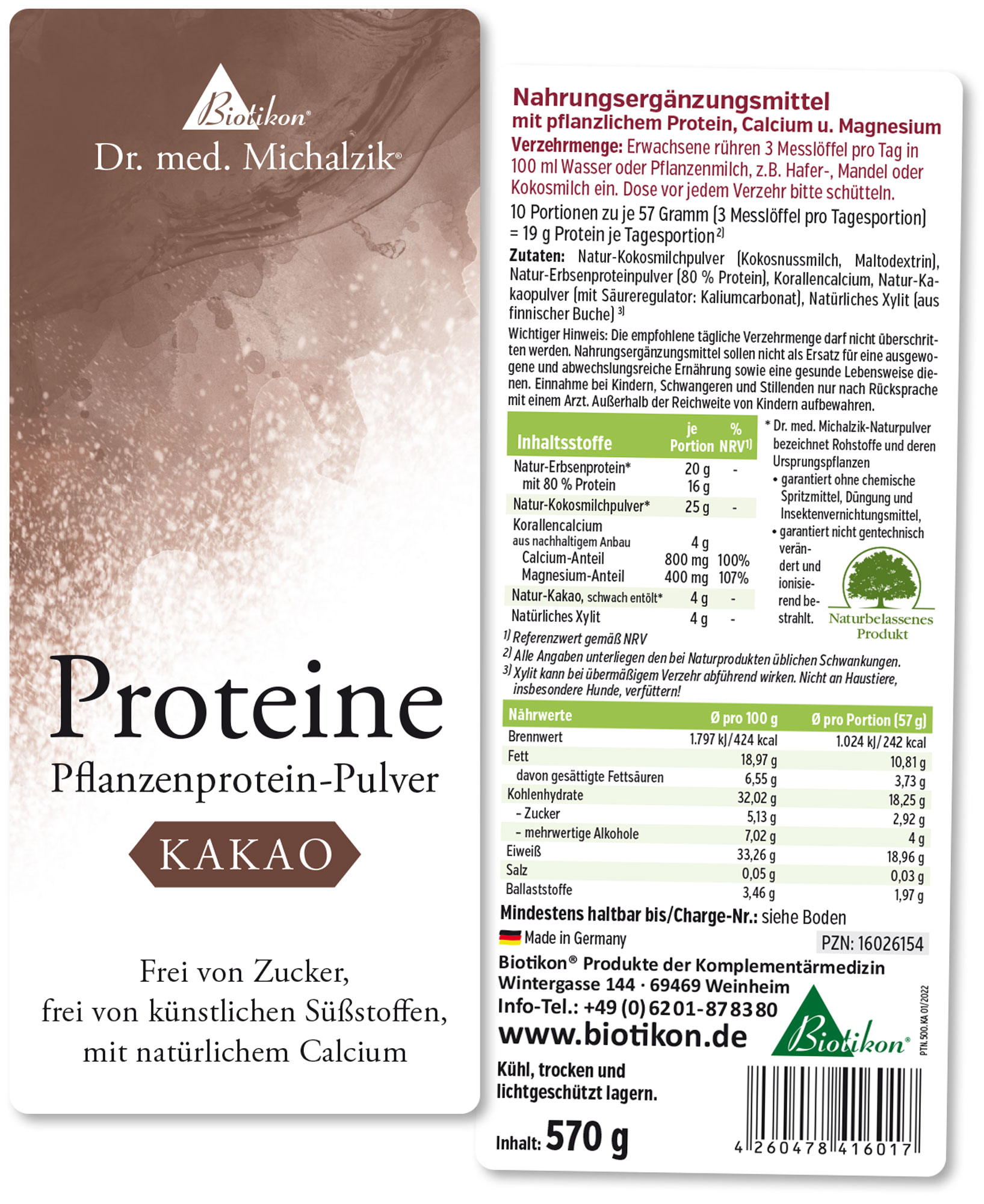 Cocoa Plant Protein Powder – 570 g Cocoa plant protein powder, 570 g, in brown packaging, front view.