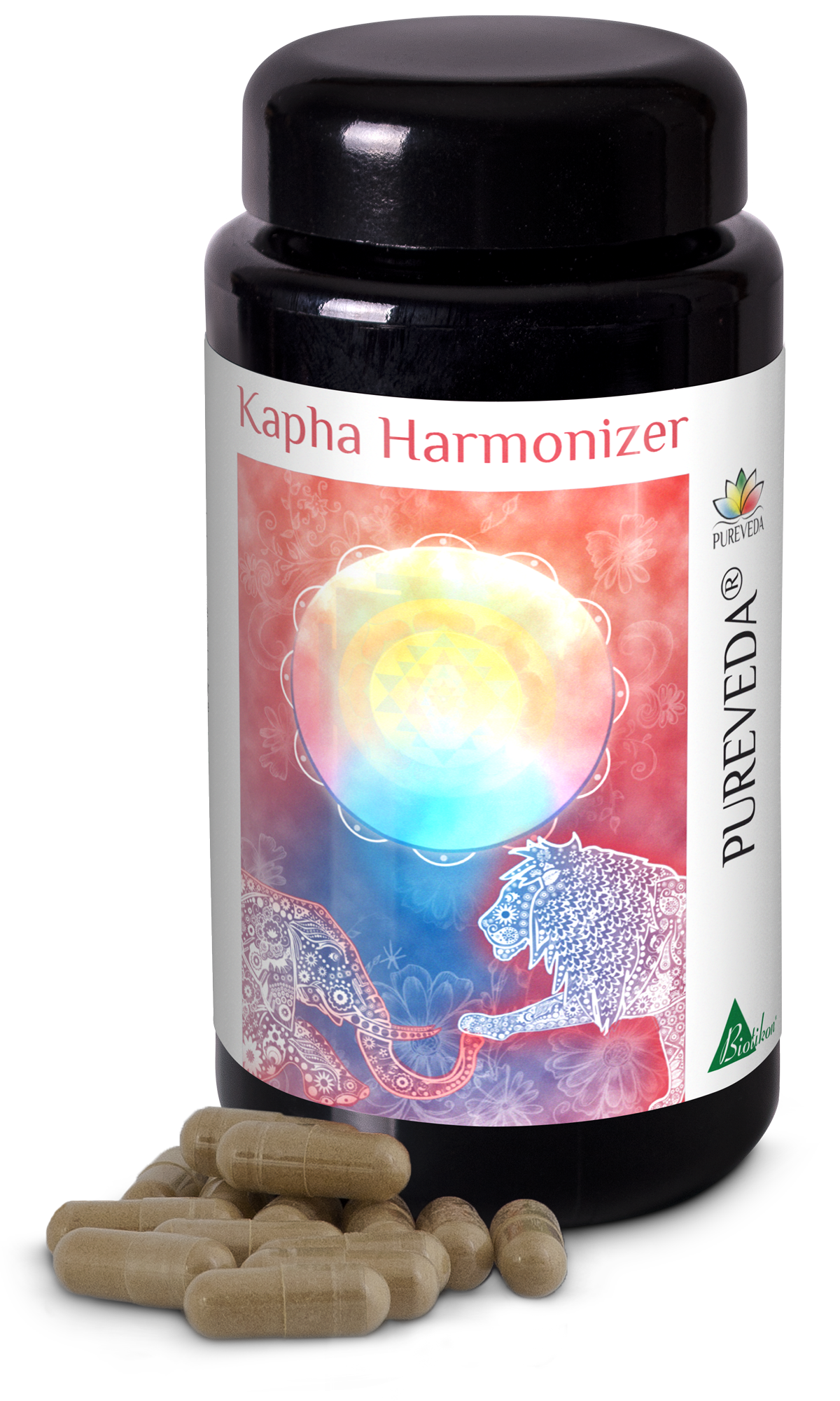 Kapha Harmonizer Capsules - Natural Wellness Support Kapha Harmonizer capsules in a black bottle, beige capsules with a colorful label.
