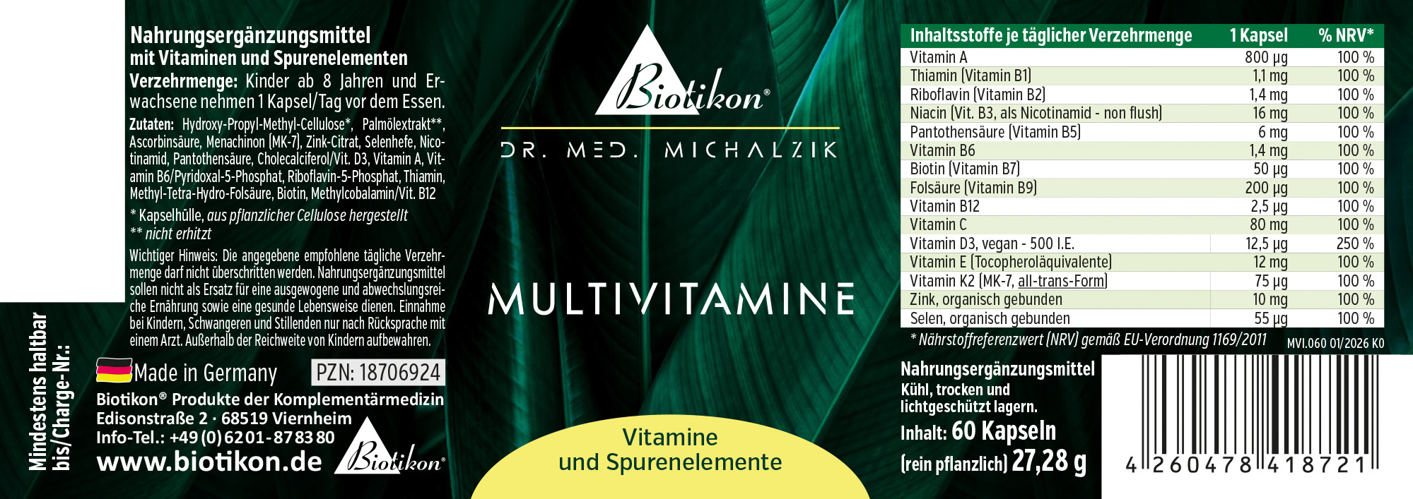 Package containing 60 capsules of vegan multivitamins