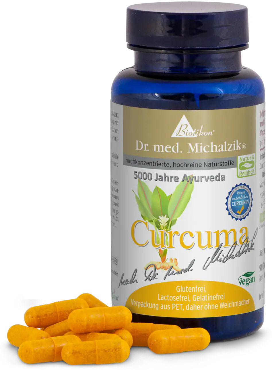 Turmeric 500 mg - Capsules Vegan turmeric supplement in a blue bottle, 90 capsules, yellow, with individual capsules beside.