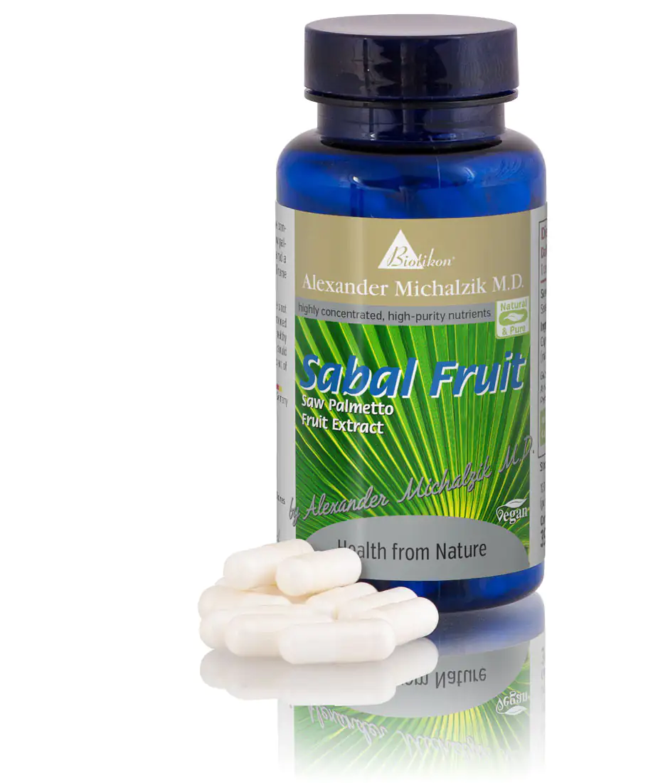 Sabal Fruit 500 mg - Capsules Sabal Fruit capsules, 500 mg, white capsules in blue glass container, front view, 10 pieces visible.
