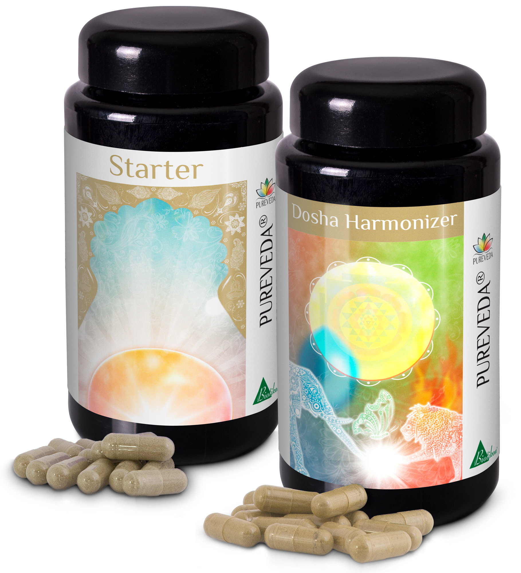 Herbal Supplement – Capsules Two bottles of capsules: Starter and Dosha Harmonizer, in black containers, with several capsules in the foreground.