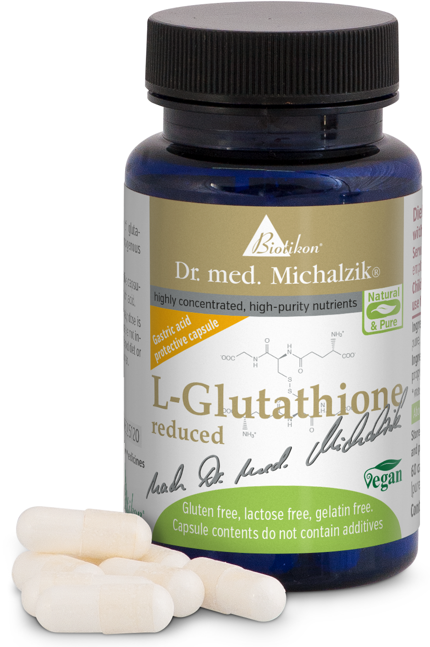 L-Glutathione 100 mg – Capsules Blue bottle with L-Glutathione capsules, 100 capsules, vegan, upright and additive-free.