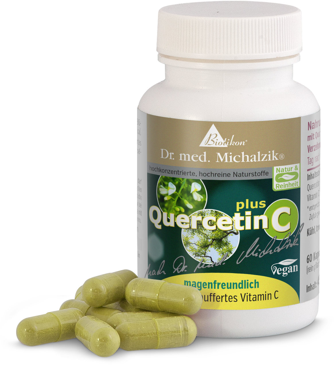 Quercetin C 300 mg – Capsules Capsules with Quercetin C, 60 pieces in white bottle, green capsules, vegan.