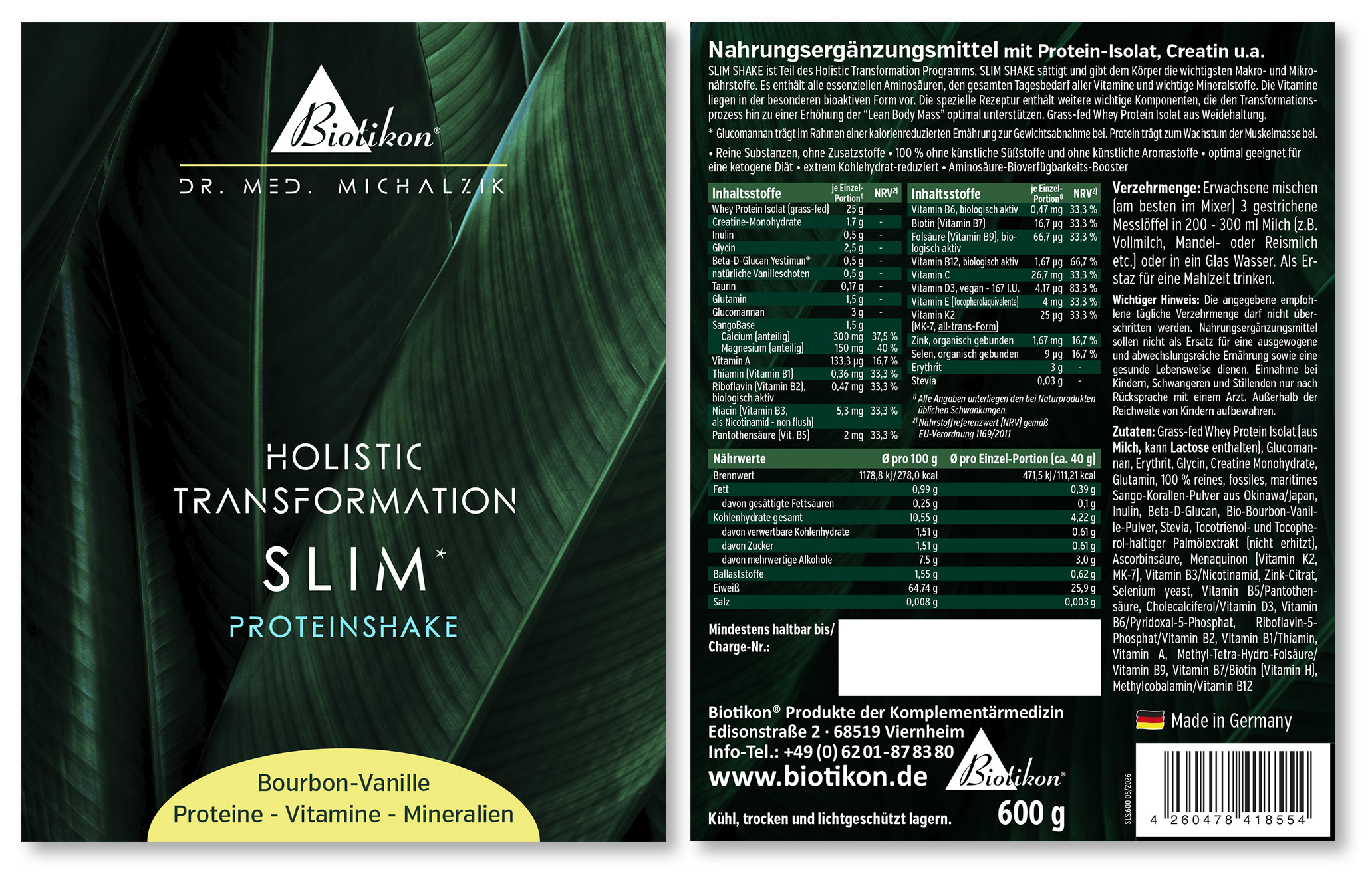 Bourbon vanilla flavored Slim Shake protein powder, 600 g package, green packaging with nutrition facts.