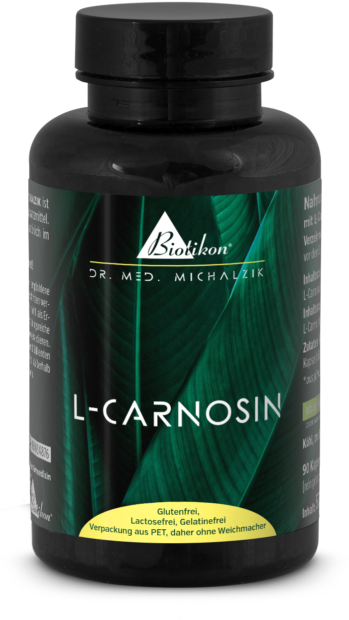 L-Carnosine – 90 Capsules L-Carnosine in a black PET bottle, 90 capsules, gluten-free and lactose-free, product details screenshot.