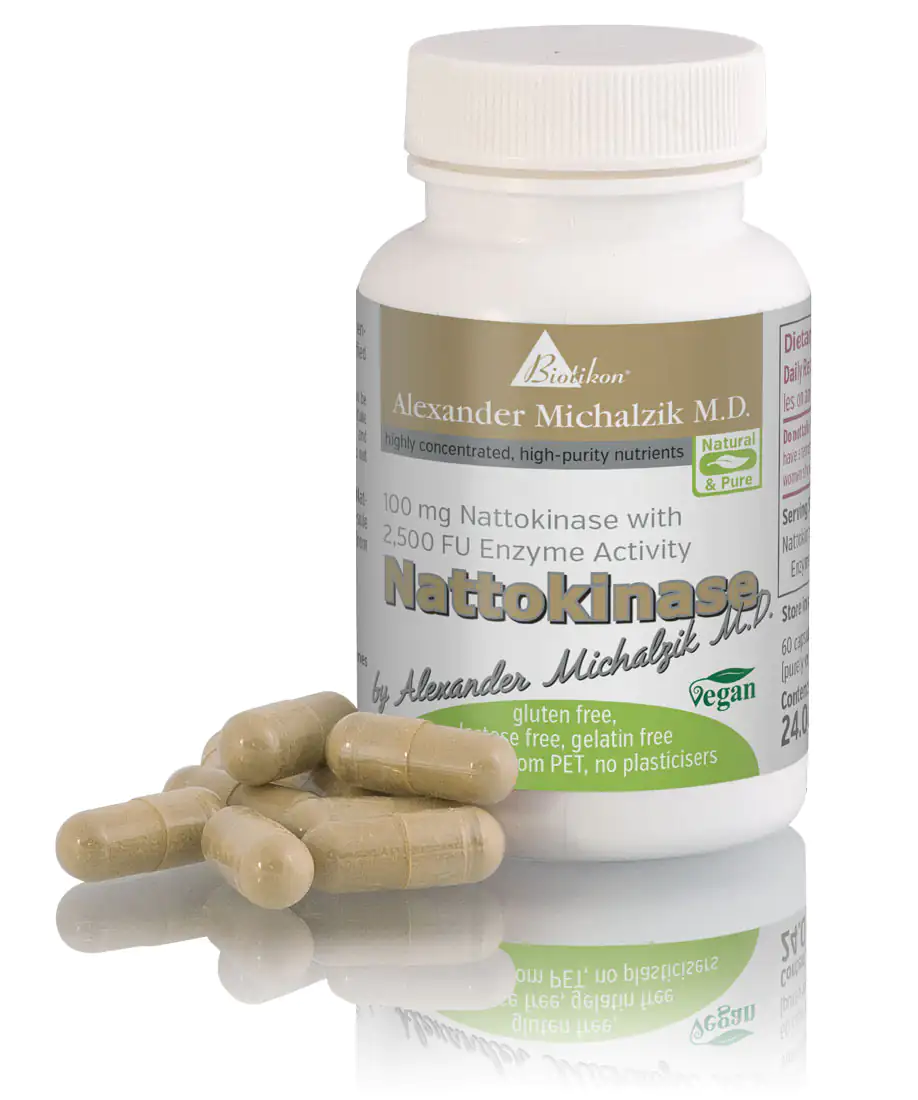 Nattokinase 100 mg – 60 Capsules Nattokinase capsules, 100 mg, in a white bottle, with six light brown capsules in the foreground.