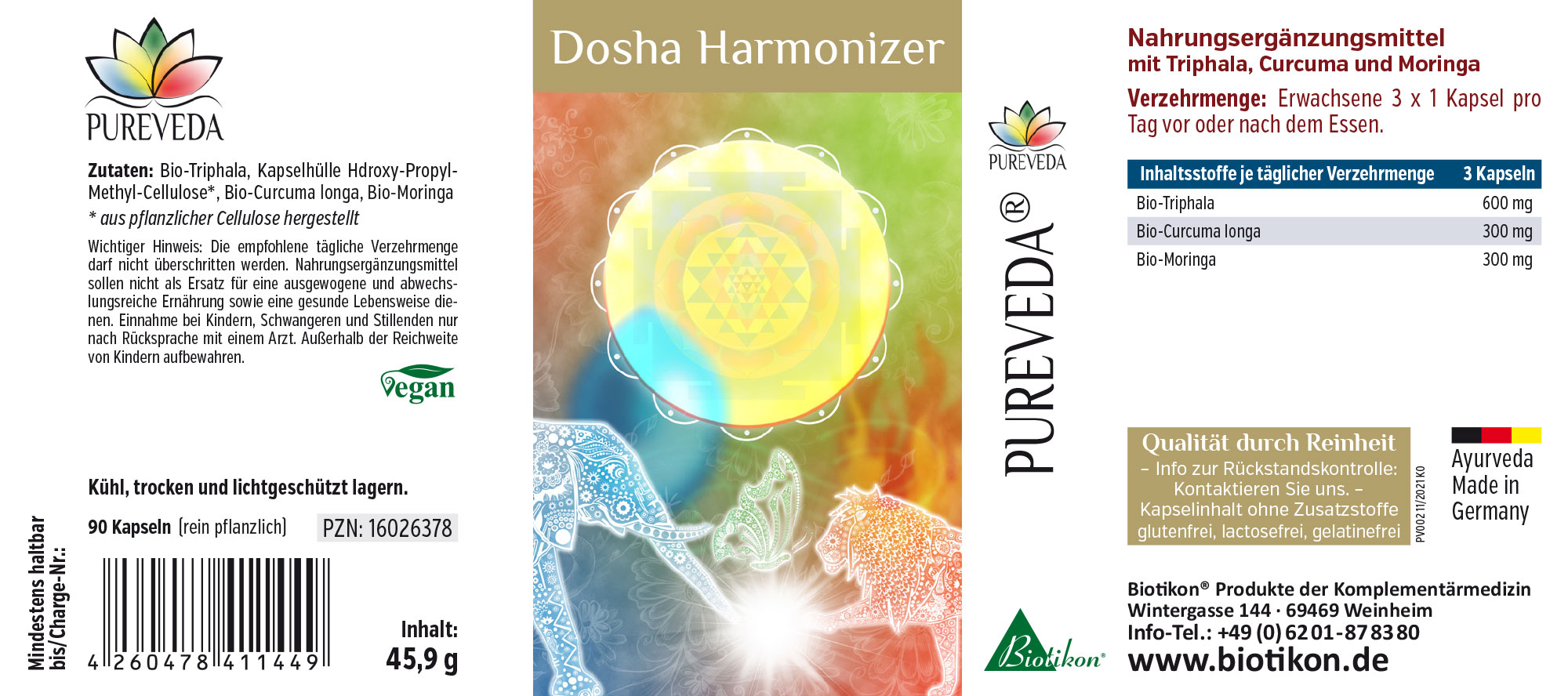 Dosha Harmonizer – 90 Capsules Supplement with organic Triphala, Curcumin, and Moringa, featuring 90 plant-based capsules in colorful packaging.