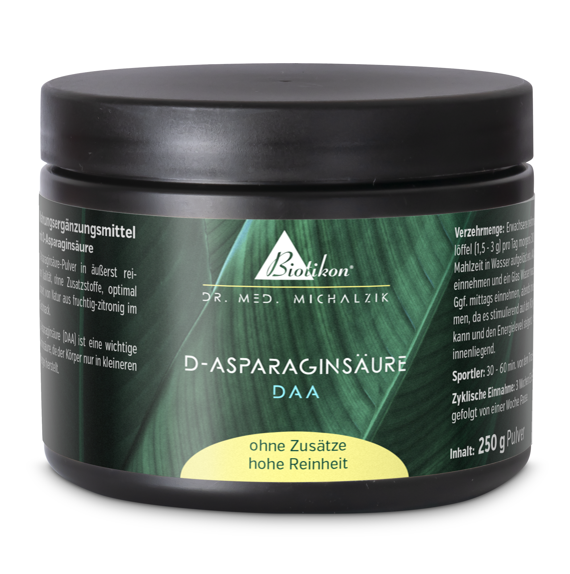 D-Aspartic Acid powder in a black container, 250g, side view, high purity, no additives.