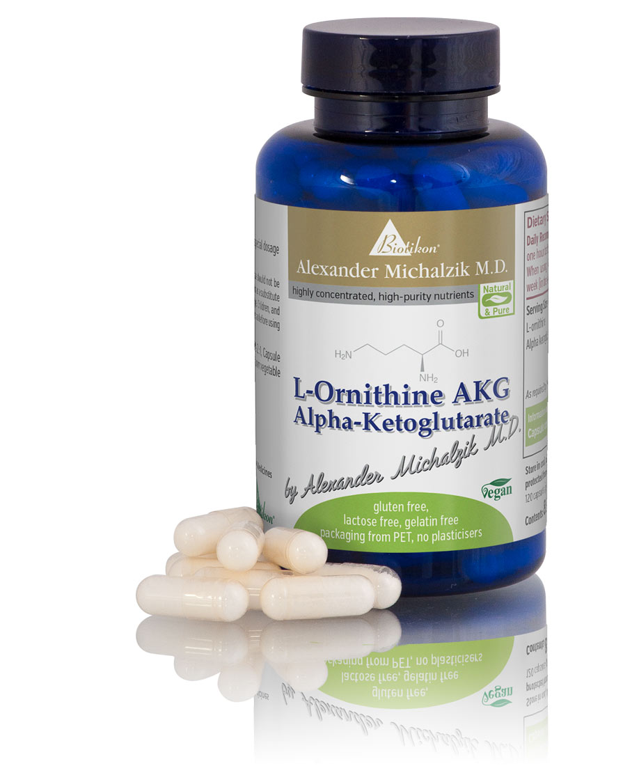 L-Ornithine AKG Capsules - 90 Vegan Capsules L-Ornithine AKG in a blue bottle, 90 capsules, vegan and gluten-free, capsules visible in front of the bottle.