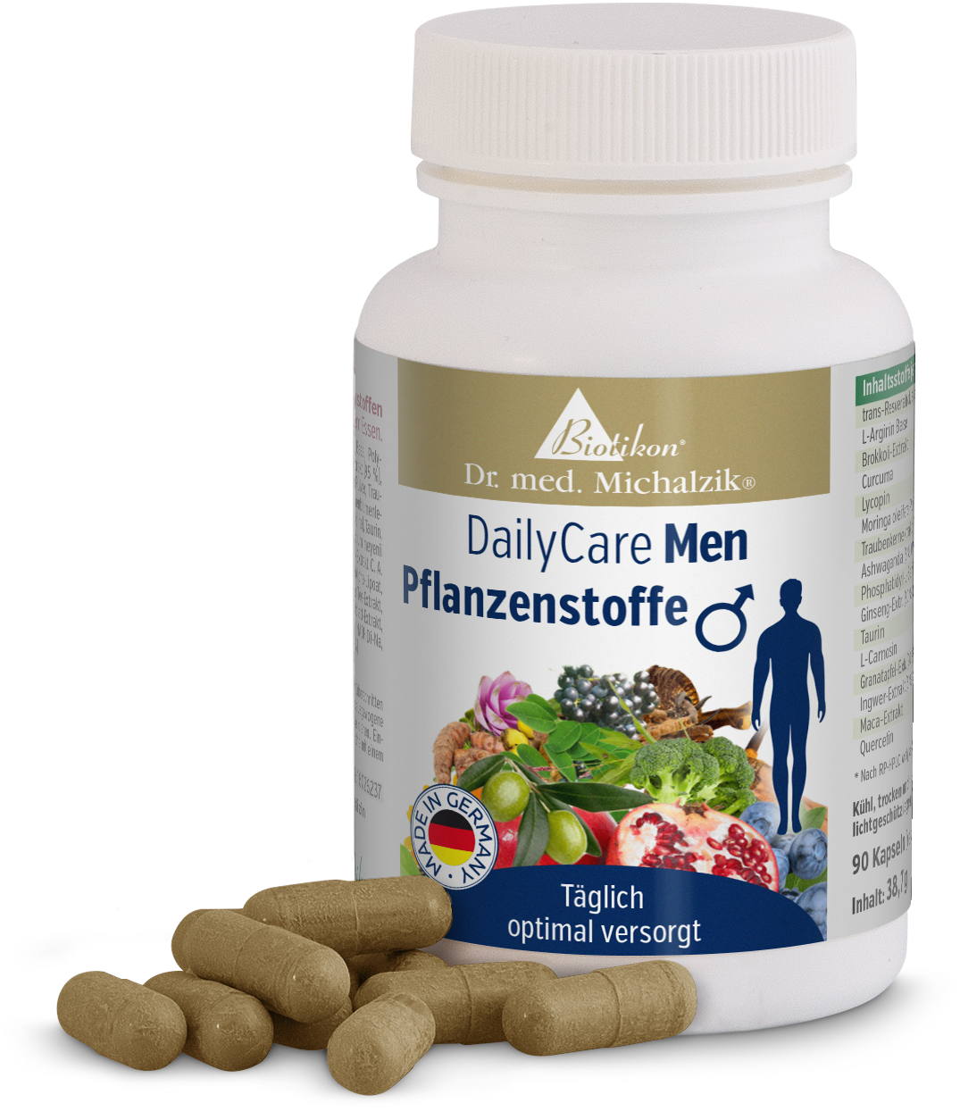 DailyCare Men - Plant-Based Capsules Bottle with 90 beige plant-based capsules, DailyCare Men for men, shown from the front.