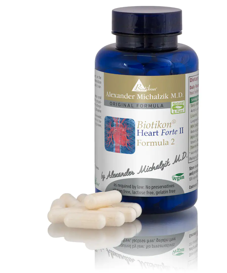 Biotikon Heart Forte II – Capsules Biotikon Heart Forte II, white capsules, 60 pieces, blue glass container, front view.