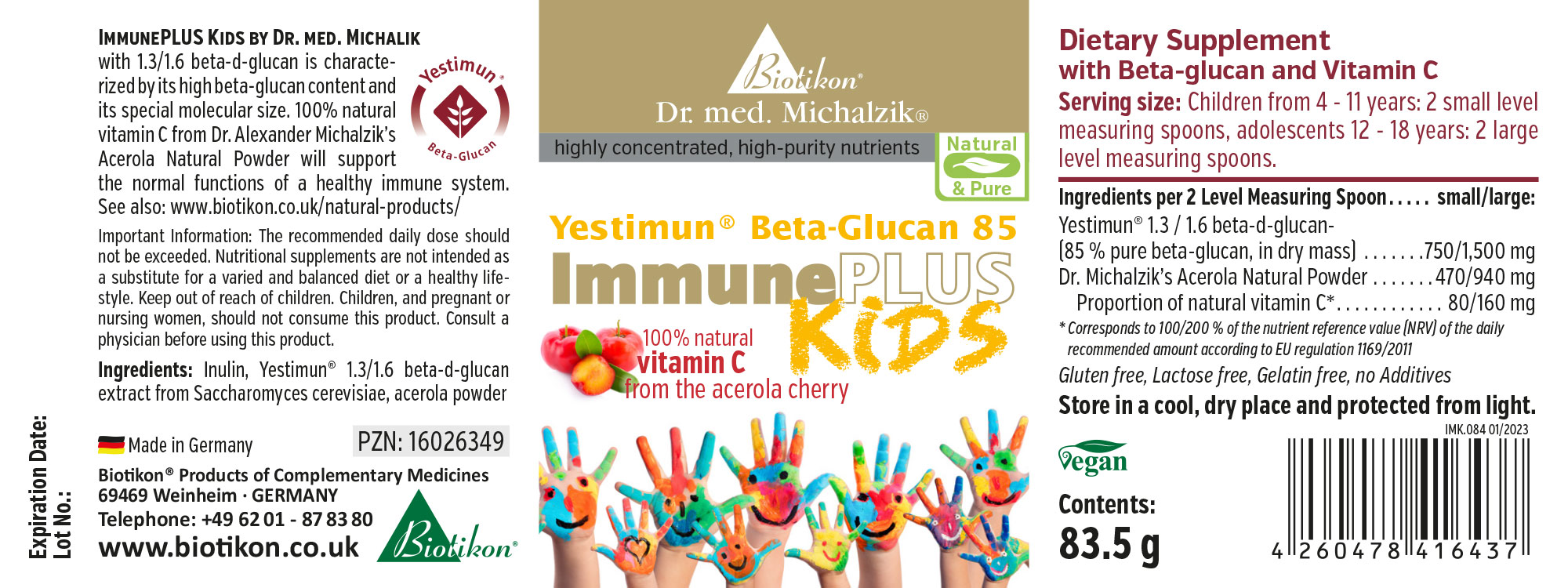 ImmunePLUS Kids – Powder with Vitamin C ImmunePLUS Kids by Biotikon, 83.5 g powder with beta-glucan and vitamin C, colorful packaging, vegan.