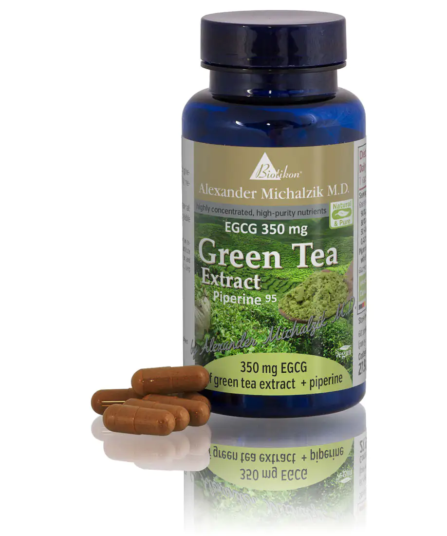 Green Tea Extract 350 mg – Capsules Brown capsules made from green tea extract, 350 mg EGCG, in a transparent bottle.