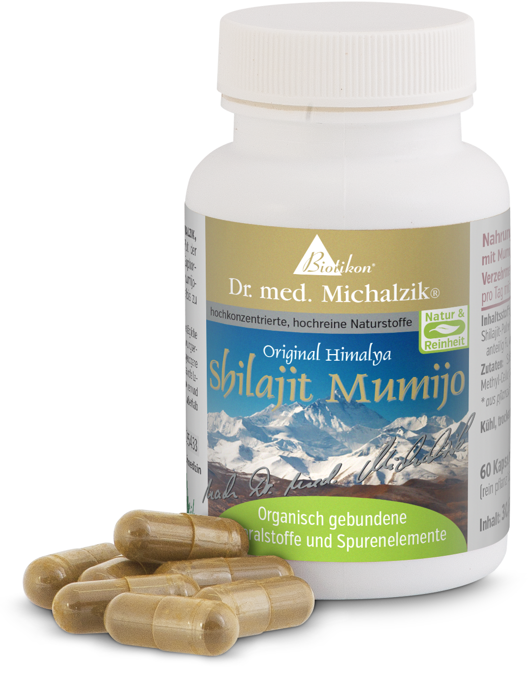 Shilajit Mumijo – 60 Capsules Shilajit Mumijo in capsules, 60 pieces, white container, brown capsules, front view.