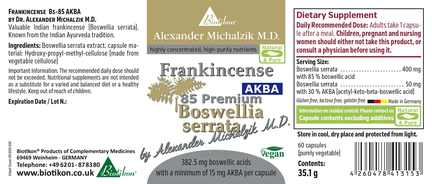 Frankincense AKBA 400 mg - 60 Capsules Vegetarian capsules with Boswellia serrata, 400 mg per serving, 60 capsules, in protective packaging.