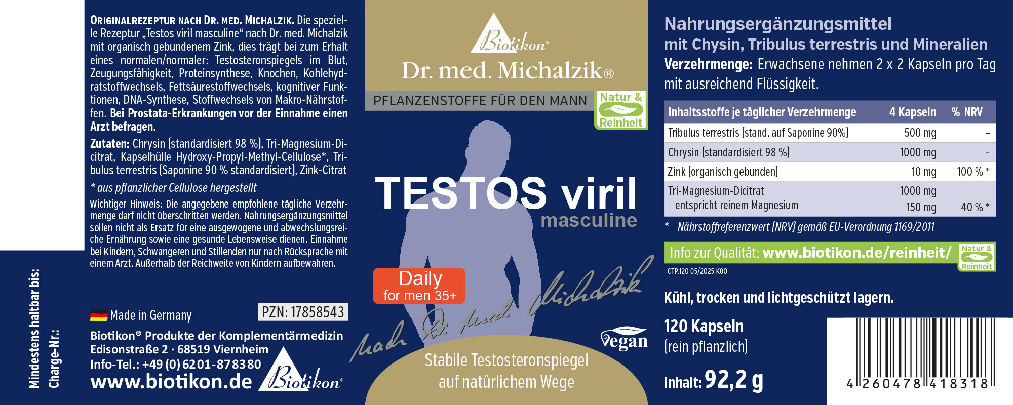 Testos Viril - 120 Capsules Supplement in blue packaging, 120 vegan capsules, supports healthy testosterone levels.