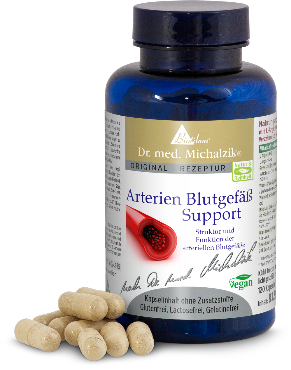 Artery Support Capsules – 120 Count Clear capsules in a blue bottle, containing 120 pieces, product description visible.