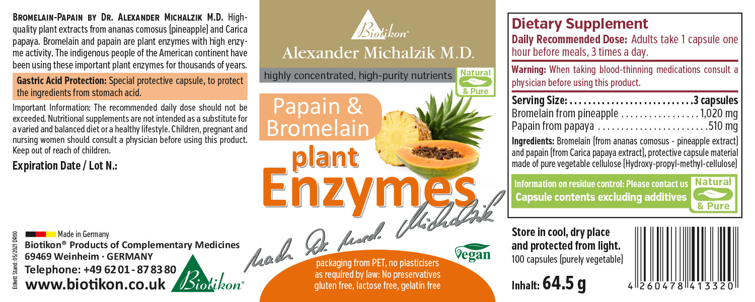 Papain & Bromelain 100 Capsules – Plant-Based Enzymes Plant-based enzyme capsules, 100 count, packaged in a white and colorful box, front view.