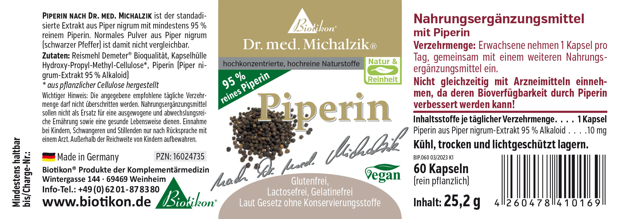 Piperine 10 mg – 60 Capsules Piperine capsules in a black package, 60 pieces, vegan, clearly visible ingredients.