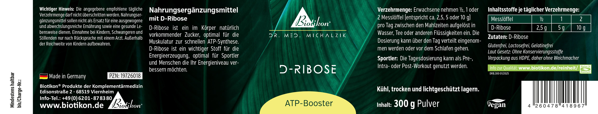 D-Ribose 300g – Powder Supplement D-Ribose dietary supplement in 300g powder form, dark green packaging, side view.