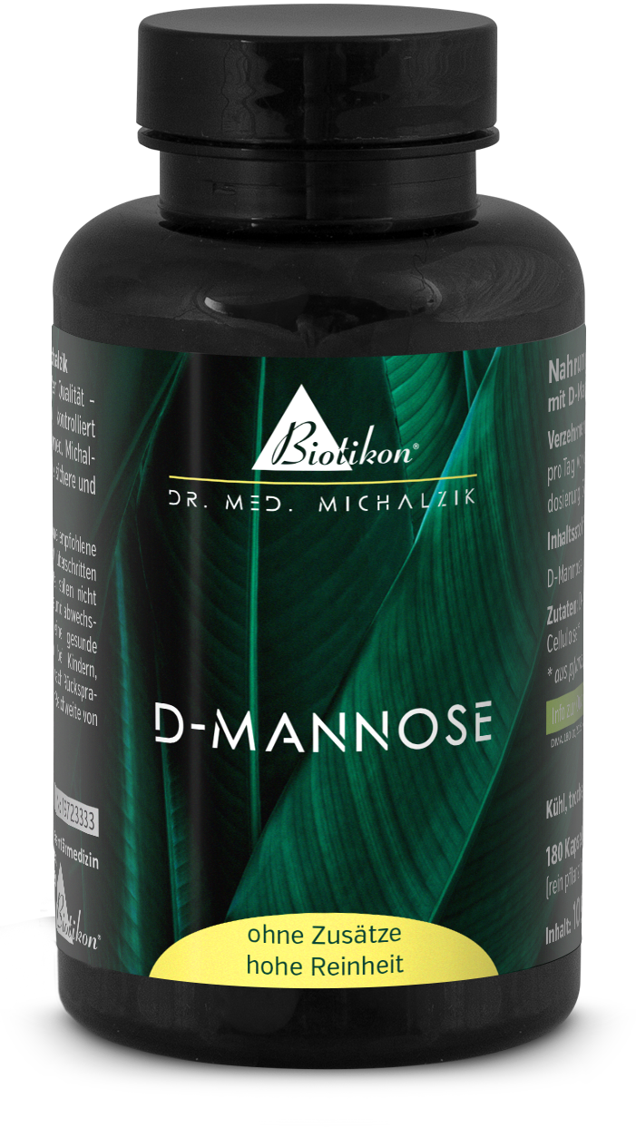 D-Mannose 180 Capsules – No Additives D-Mannose dietary supplement in a black bottle, 180 capsules, featuring a green leaf design.
