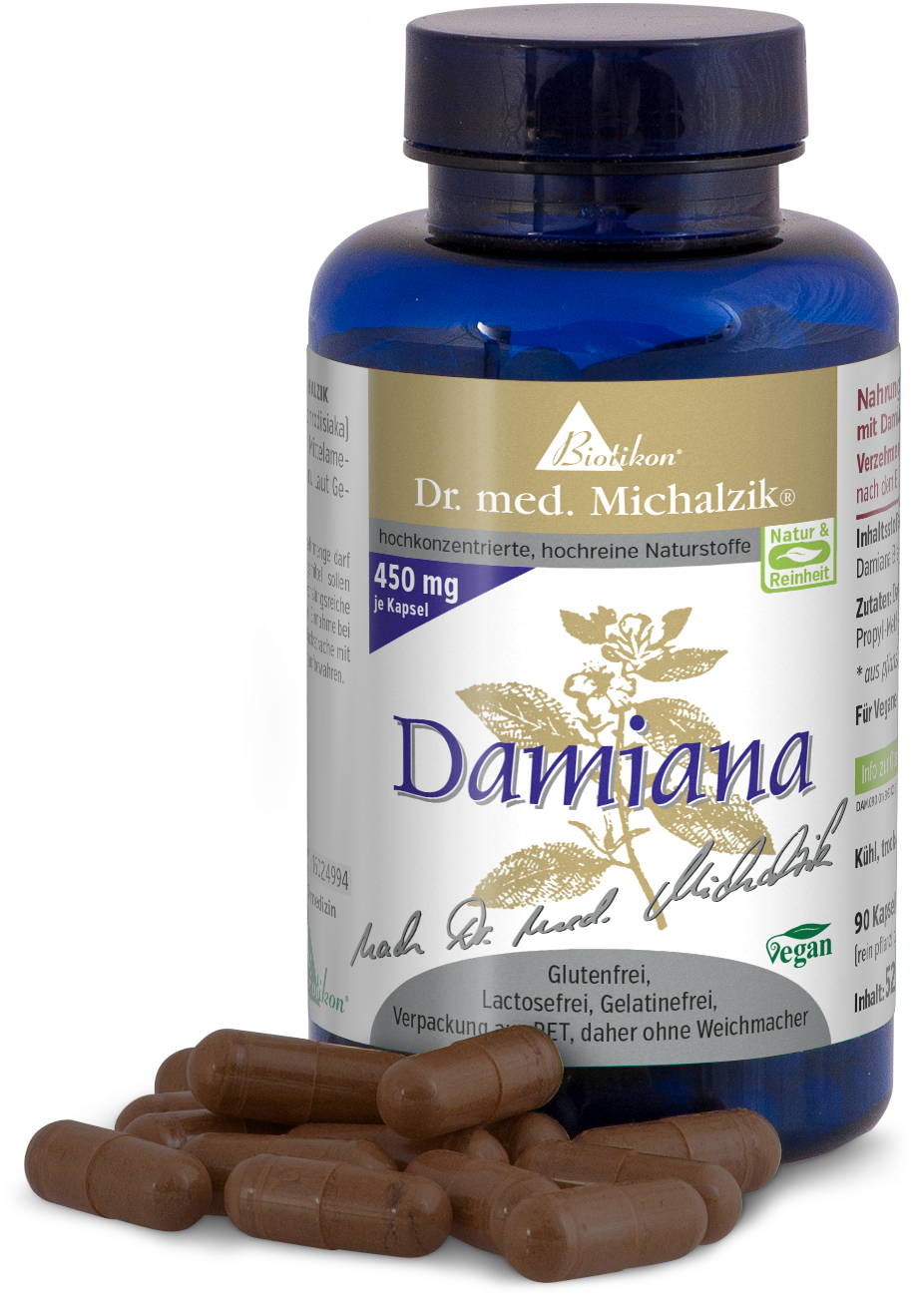 Damiana 450 mg - Capsules Brown capsules containing Damiana in a blue PET bottle with 90 capsules.