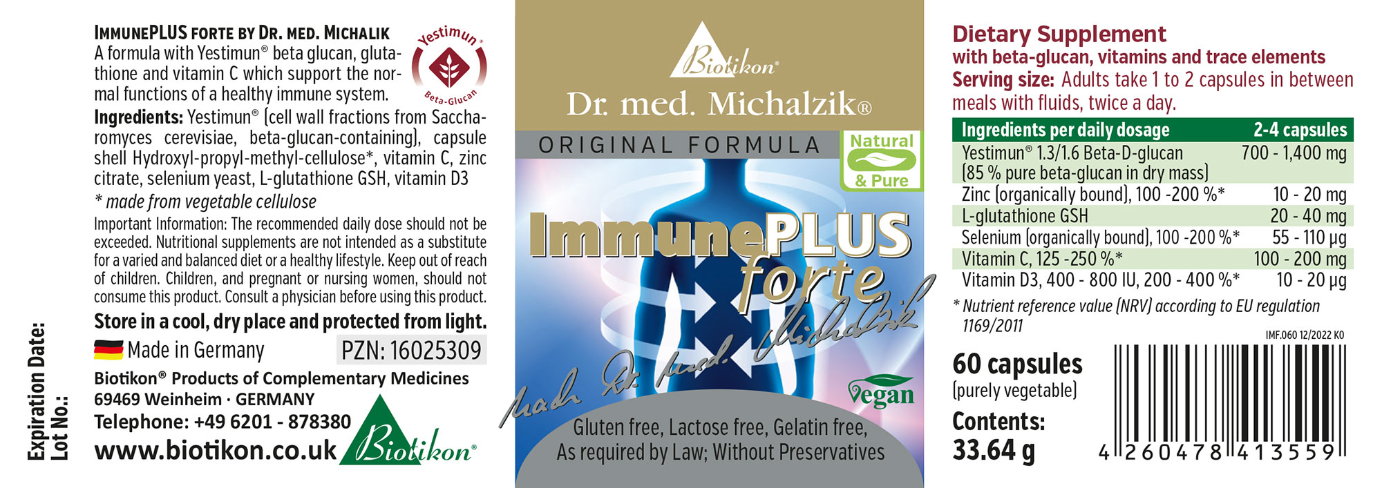 Beta-Glucan 700-1400 mg – Capsules ImmunePLUS forte, 60 capsules in a transparent package, vegan, gelatin-free.