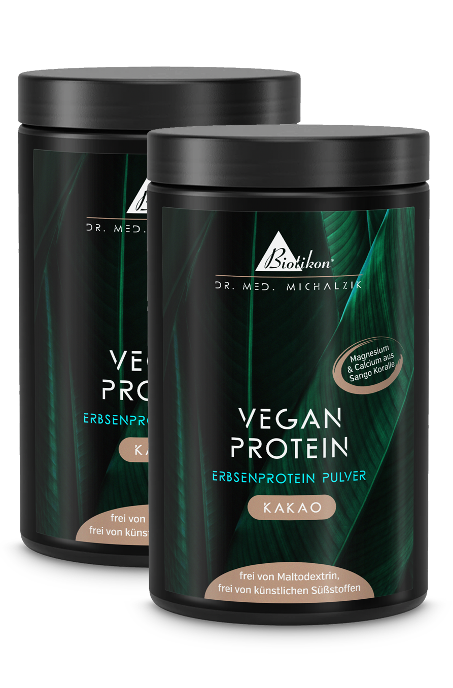 Two white containers of plant protein powder cocoa, 500 g, on a white background.