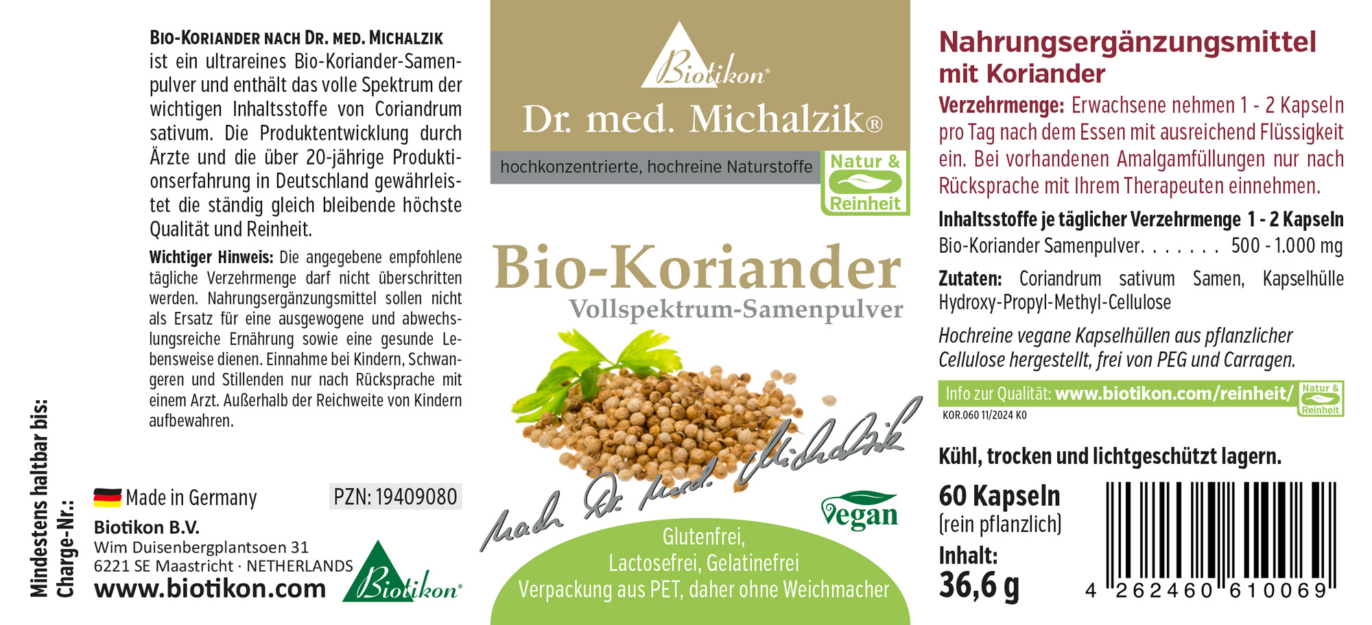 Organic Coriander 500 mg - Full Spectrum Seed Powder Organic coriander seed powder in capsules, 60 pieces, green packaging, product view