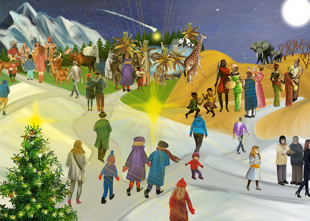 Colorful Winter Landscape - Festive Scenes A winter scene featuring people and animals with Christmas tree decorations in the foreground, showcasing various activities in a vibrant setting.