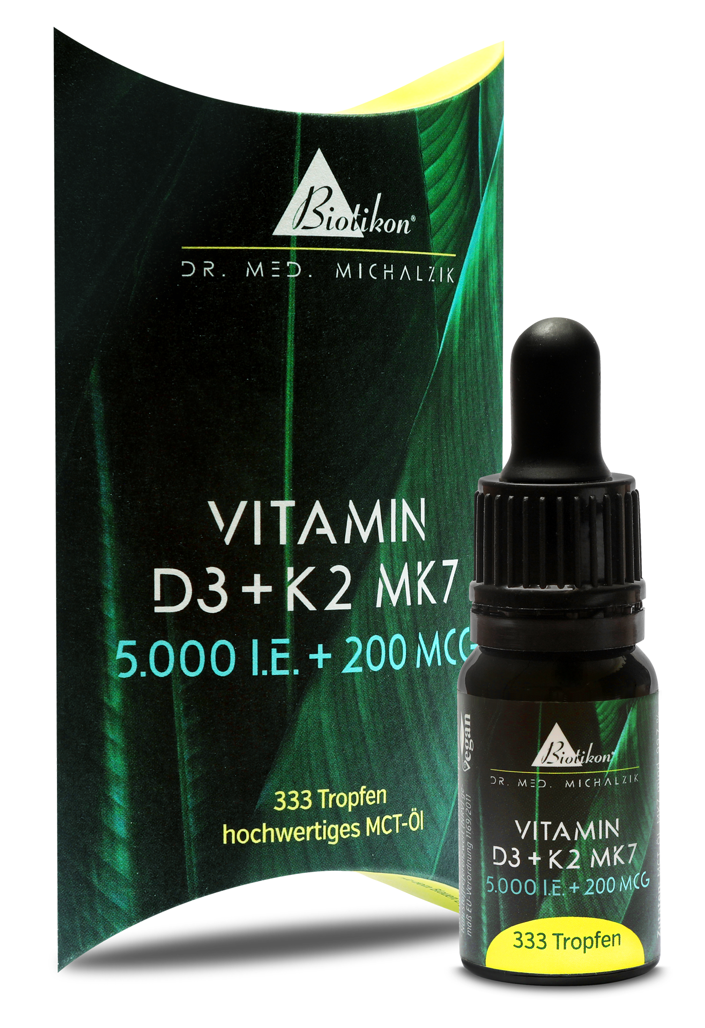 Vitamin D3 + K2 MK7 5000 I.U. – 333 Drops Vitamin D3 + K2 MK7 in dark dropper bottle, 333 drops, packaging in green and black.
