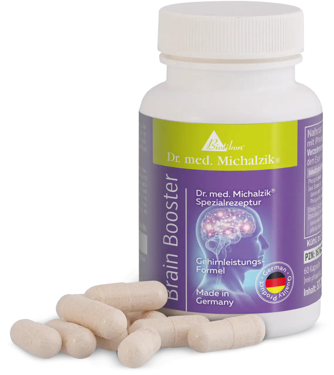 Brain Booster – 60 Capsules Brain Booster capsules in a bottle, designed to support brain performance, 60 white capsules.