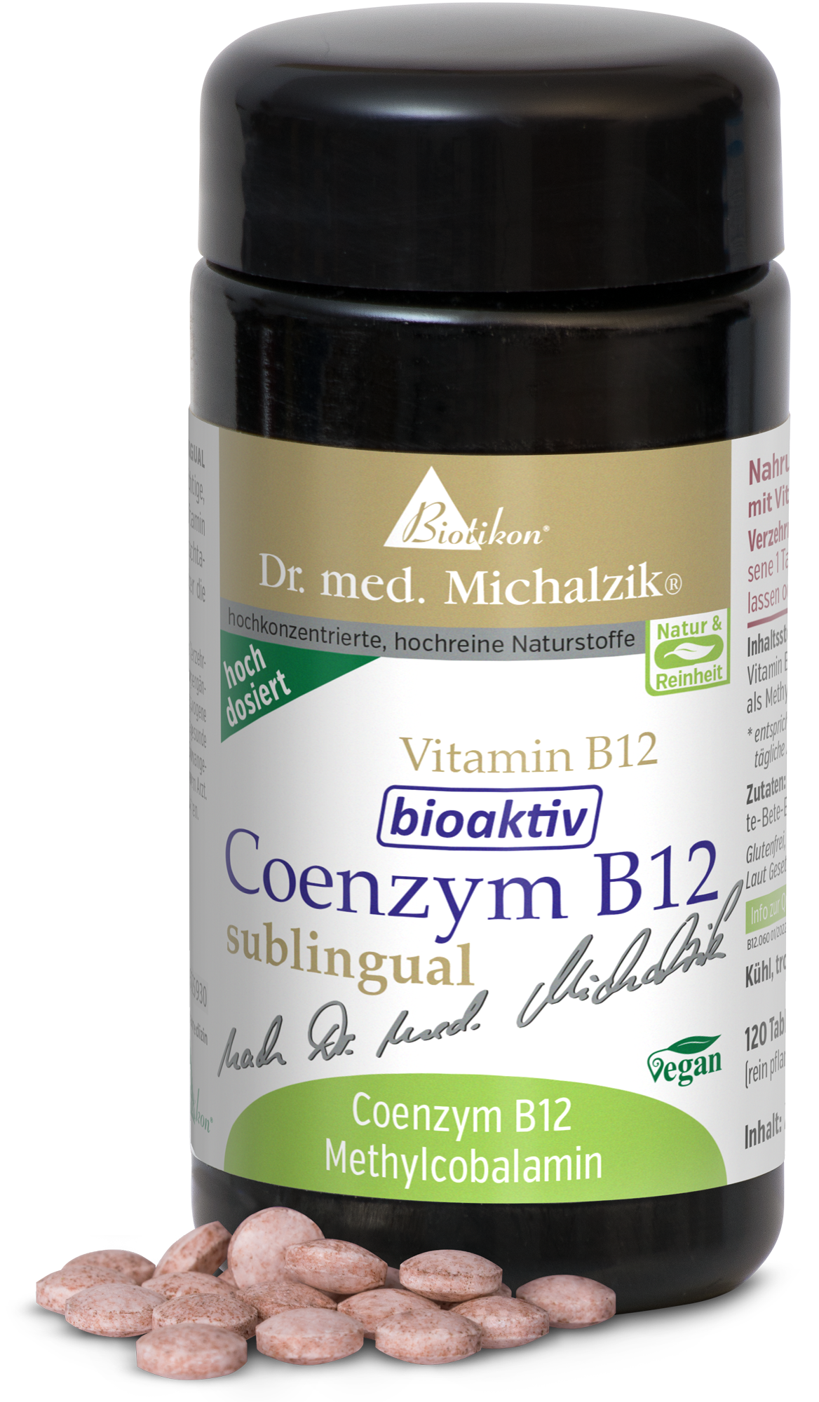 Coenzyme B12 120 Sublingual Tablets Coenzyme B12 dietary supplement in black bottle, 120 sublingual tablets, pink-brown color, half-side perspective.