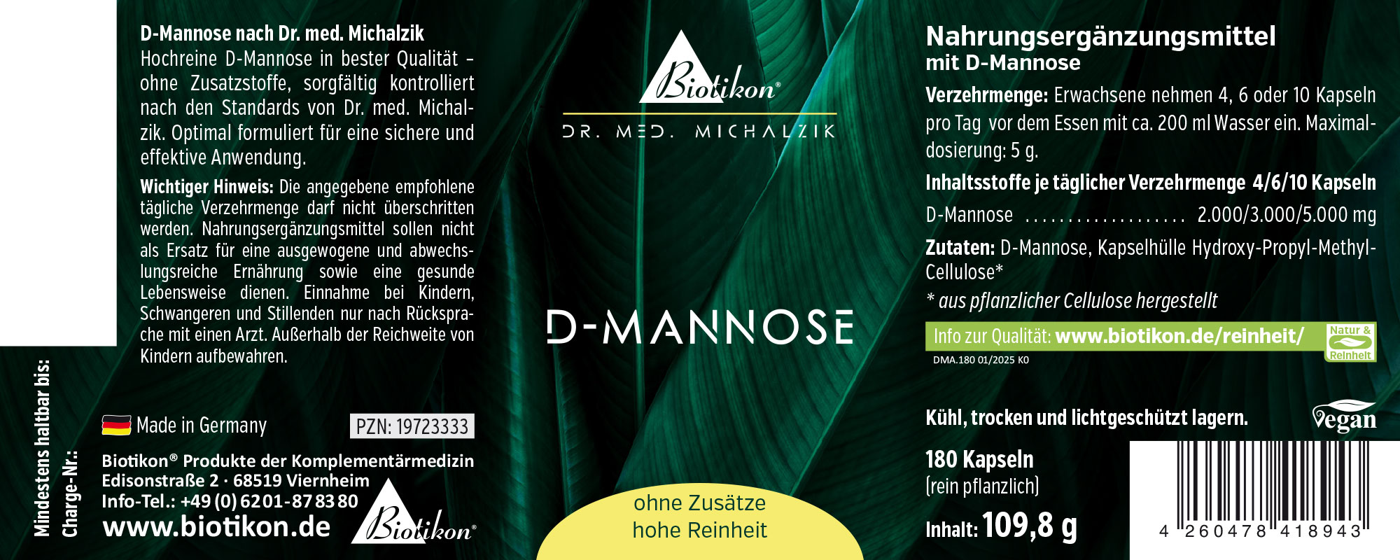 D-Mannose 5000 mg – 180 Capsules D-Mannose dietary supplement in dark green packaging, contains 180 capsules, plant-based.