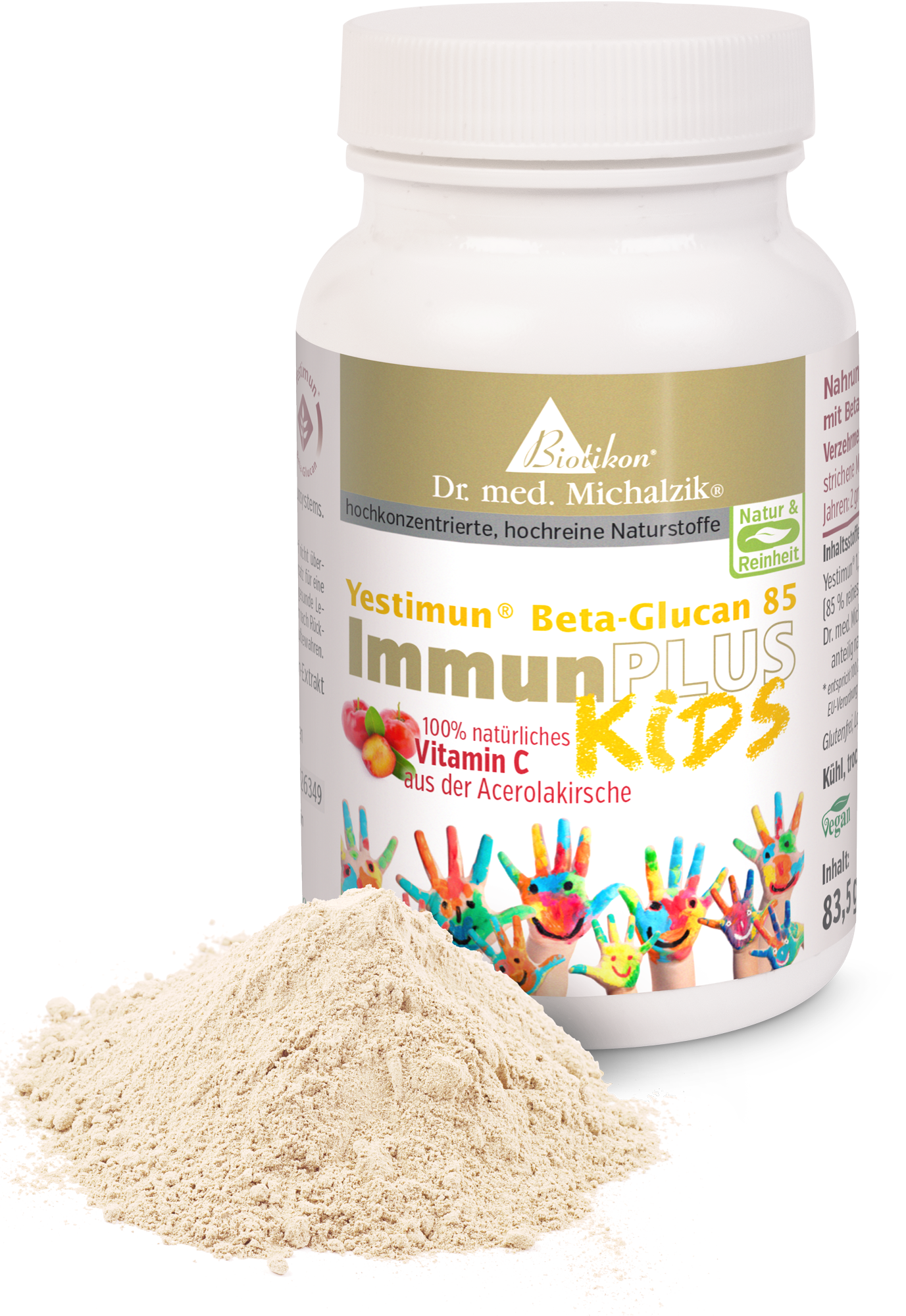 Vitamin C Powder – 83.5 g Yestimun Beta-Glucan 85 Vitamin C powder in white can with colorful handprint decoration, 83.5 g.